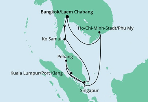 mapa AIDAbella rejs Tajlandia, Malezja, Singapur i Wietnam