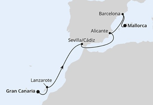 mapa AIDAcosma rejs z Gran Canarii na Majorkę