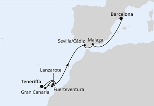 mapa AIDAcosma rejs z Teneryfy do Barcelony