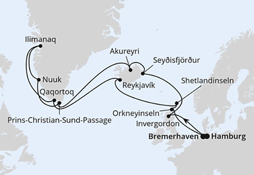 mapa AIDAaura rejs Islandia i Grenlandia