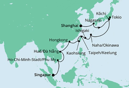 mapa AIDAbella rejs z Szanghaju do Singapuru