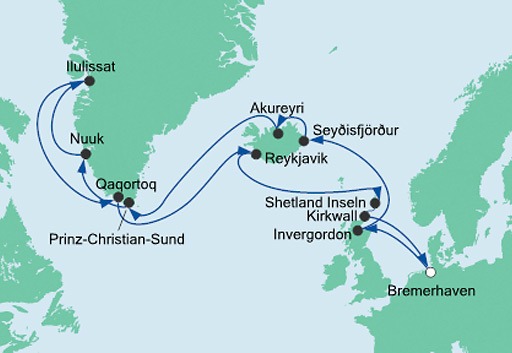 mapa AIDAcara rejs Islandia i Grenlandia