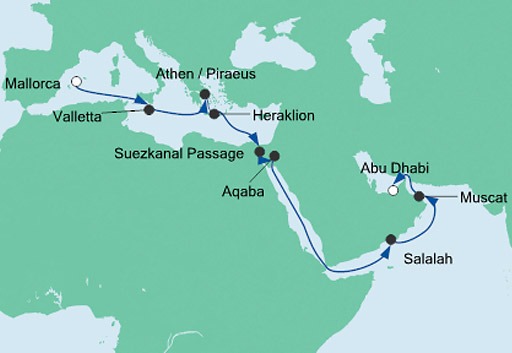 mapa AIDAprima rejs z Majorki do Abu Zabi
