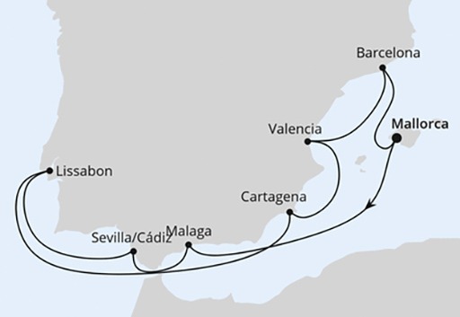 mapa AIDAstella rejs Hiszpania i Portugalia