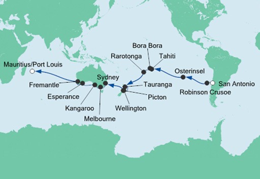 mapa AIDAaura rejs z Chile na Mauritius