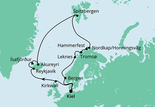 mapa AIDAluna rejs Islandia i Przylądek Północny