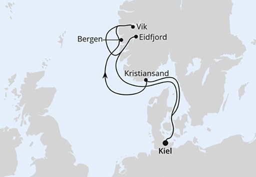 mapa AIDAbella rejs Norweskie Fiordy z Kilonii