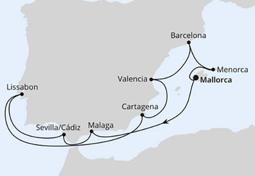 mapa AIDAstella rejs Hiszpania, Portugalia i Baleary