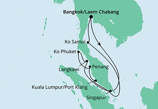 mapa AIDAbella rejs Tajlandia, Malezja i Singapur