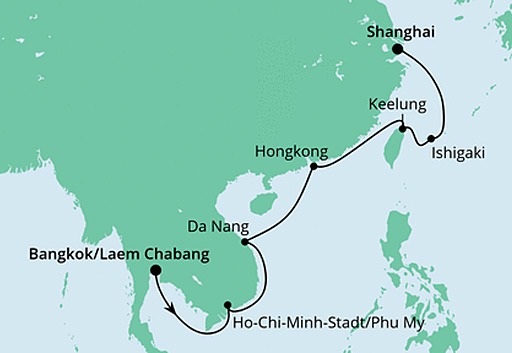 mapa AIDAbella rejs z Bangkoku do Szanghaju
