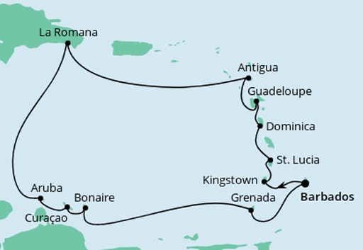 Mapa AIDAperla rejs Karaibskie Wyspy z Barbadosu