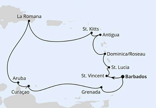 mapa AIDAperla rejs Wyspy Karaibskie z Barbadosu
