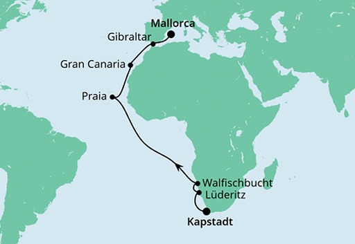 mapa AIDAmira rejs z Kapsztadu na Majorkę
