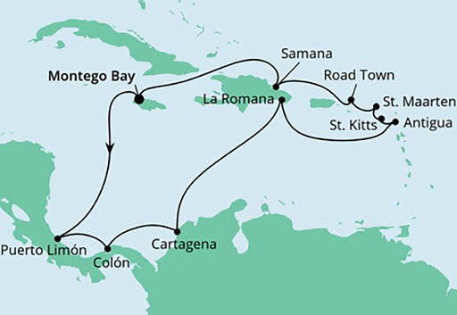 mapa AIDAluna rejs Karaiby i Ameryka Środkowa z Jamajki