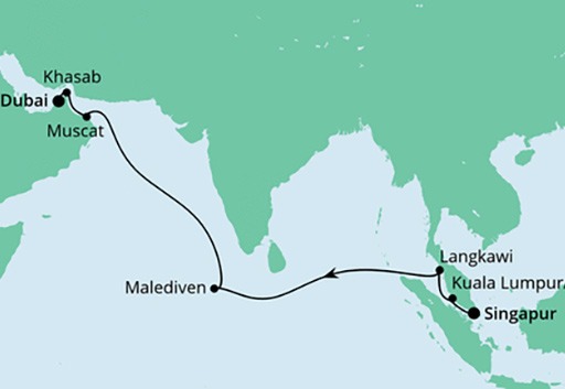 mapa AIDAbella rejs z Singapuru do Dubaju