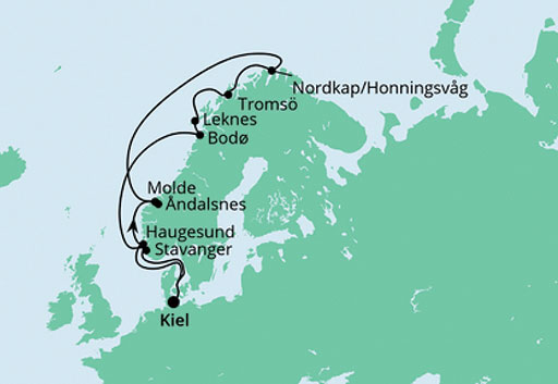 mapa AIDAbella Norwegia z Lofotami i Przylądkiem Północnym