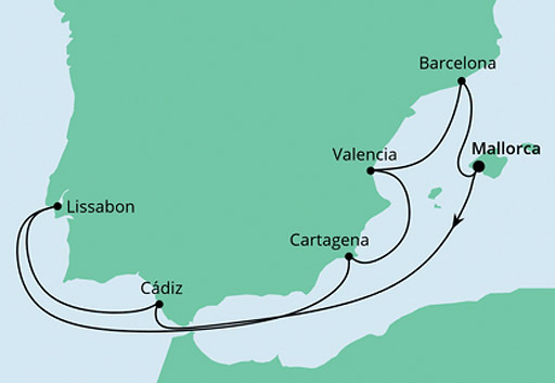 mapa AIDAsol rejs Hiszpania z Lizboną