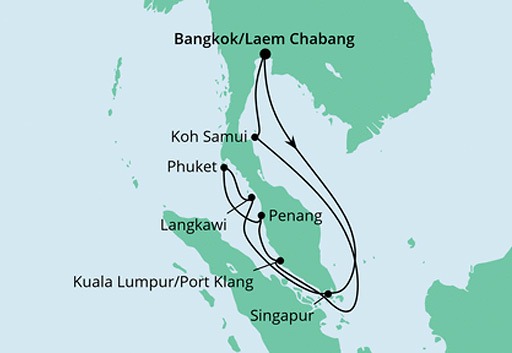 mapa AIDAbella rejs Tajlandia, Malezja i Singapur 2