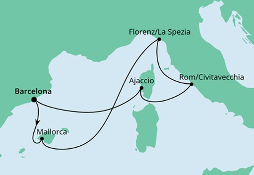 mapa AIDAnova rejs Śródziemnomorskie Krajobrazy z Barcelony