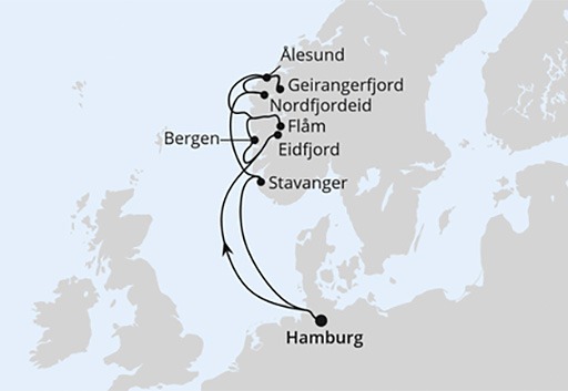 mapa AIDAprima rejs Norweskie Fiordy z Hamburga