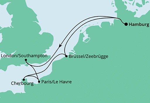 mapa AIDAprima rejs Metropolie z Hamburga