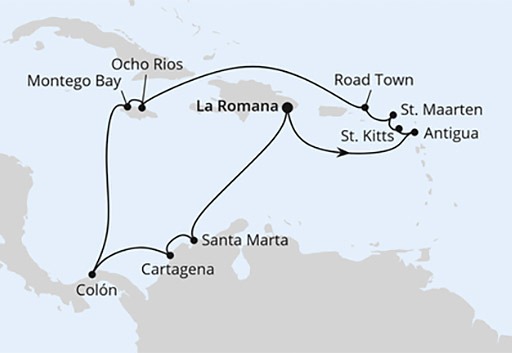 mapa AIDAluna rejs Karaiby i Ameryka Środkowa z Dominikany
