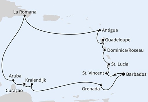 mapa AIDAperla Wyspy Karaibskie z Barbadosu