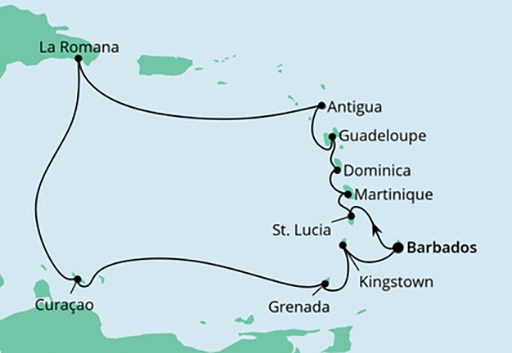 mapa AIDAperla rejs Wyspy Karaibskie z Barbadosu