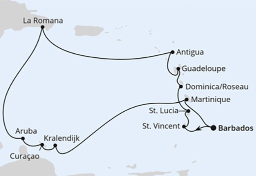 mapa AIDAperla rejs Wyspy Karaibskie z Barbadosu