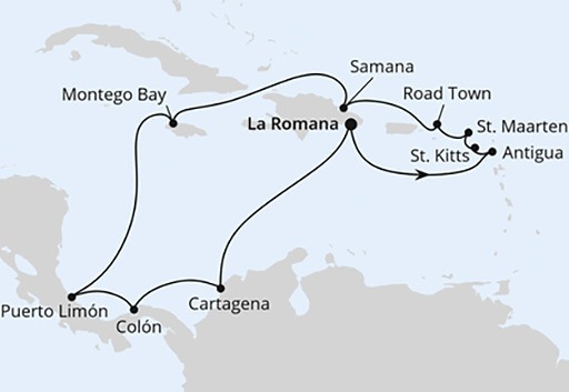 mapa AIDAluna rejs Karaiby i Ameryka Środkowa z Dominikany