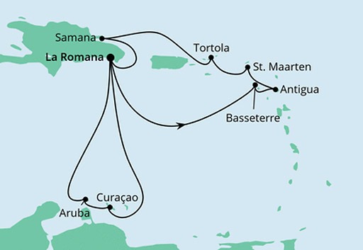 mapa AIDAluna rejs Karaiby i Małe Antyle