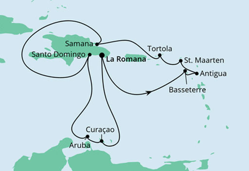 mapa AIDAluna rejs Karaiby i Male Antyle