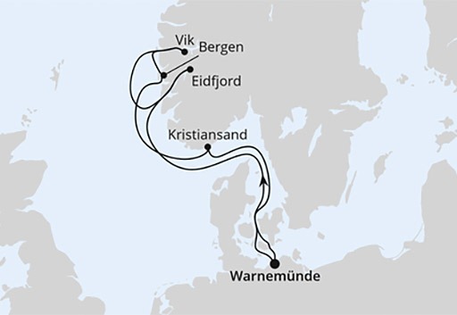mapa AIDAmar rejs Norweskie Fiordy z Warnemunde