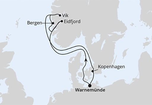 mapa AIDAmar rejs Norweskie Fiordy z Warnemunde