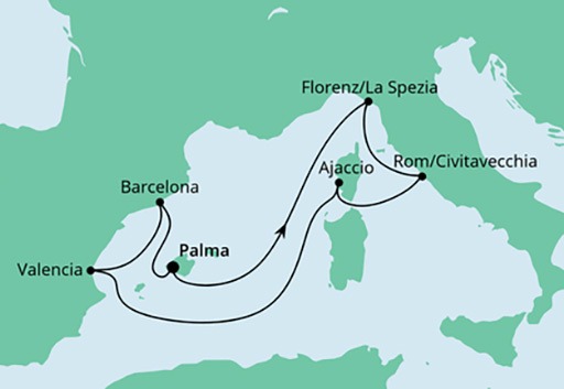 mapa AIDAstella rejs Śródziemnomorskie Skarby