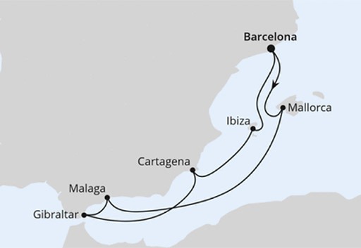 mapa AIDAcosma rejs Hiszpania i Gibraltar z Barcelony