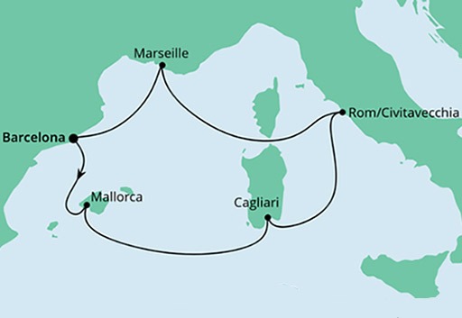 mapa AIDAcosma, rejs Śródziemnomorskie Krajobrazy z Barcelony