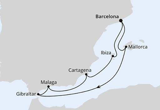mapa AIDAcosma rejs Śródziemnomorskie Krajobrazy z Gibraltarem