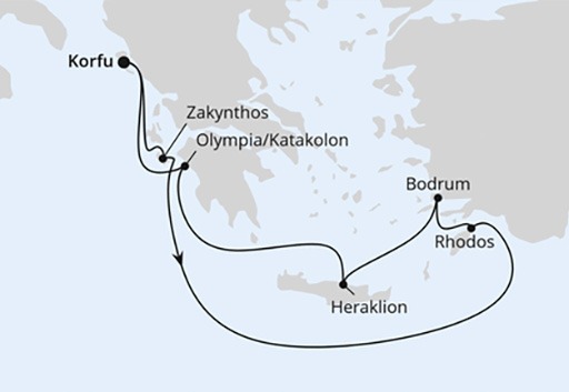 mapa AIDAblu rejs Grecja z Korfu