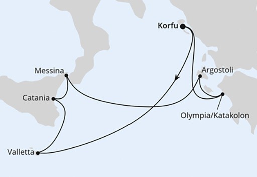mapa AIDAblu Wyspy Śródziemnomorskie z Korfu