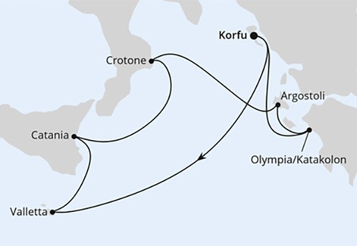 mapa AIDAblu Wyspy Śródziemnomorskie z Korfu
