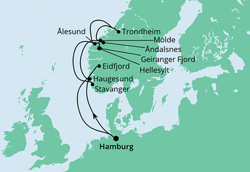 mapa AIDAperla Malownicze Fiordy Norwegii