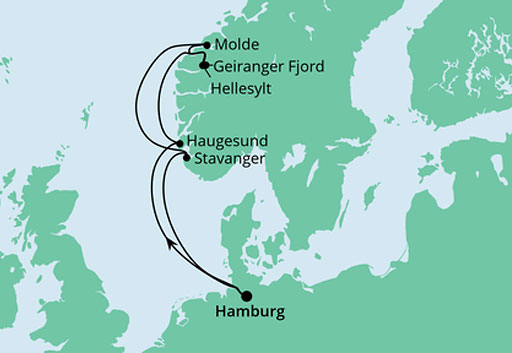 mapa AIDAprima Fiordy Norwegii z Hamburga