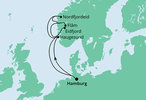 mapa AIDAprima Magia Norweskich Fiordów
