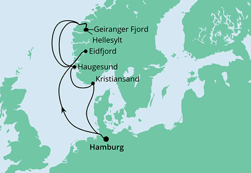 mapa AIDAprima rejs Norweskie Fiordy z Hamburga