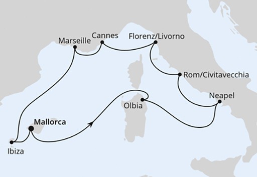 mapa AIDAstella rejs Śródziemnomorska Mozaika