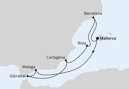 mapa AIDAcosma rejs Hiszpania i Gibraltar