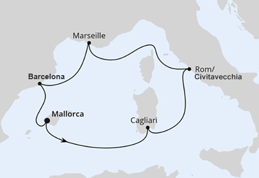 mapa AIDAcosma rejs Śródziemnomorskie Krajobrazy z Majorki