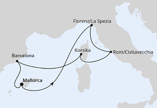 mapa AIDAcosma rejs Śródziemnomorskie Krajobrazy z Majorki