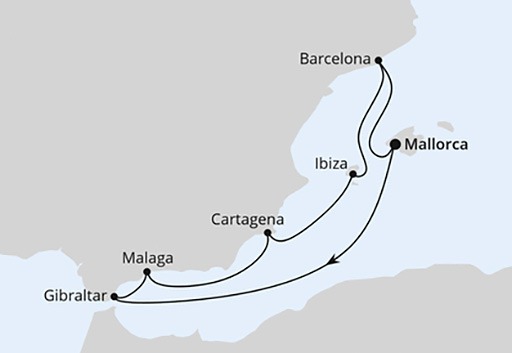 mapa AIDAcosma rejs Śródziemnomorskie Krajobrazy z Gibraltarem